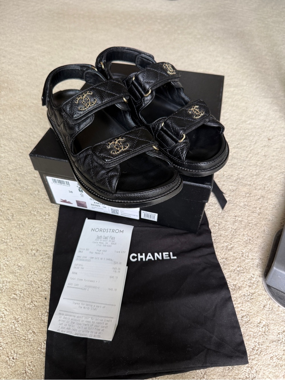 CHANEL Black Quilted Leather Velcro Strap Sandals with Gold CC Logos